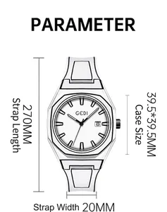 Detailed technical drawing showing 39.5mm octagonal case and 270mm white silicone strap