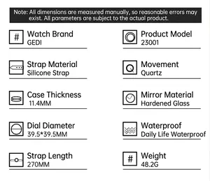 Detailed specifications table for GEDI quartz watch with silicone strap and 39.5mm dial