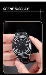 Macro shot of black silicone watch with white outline and octagonal bezel