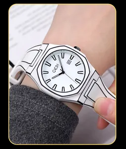 Macro detail of minimalist 2D cartoon style white watch with black outline and date display