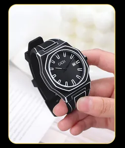 Macro detail of octagonal black quartz watch with cartoon style white geometric lines