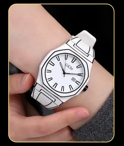Close-up of GEDI 2D cartoon style white watch with black outline and octagon bezel