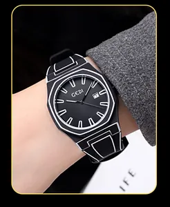 Close-up of GEDI 2D cartoon style quartz watch with black silicone strap on wrist