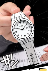 Detail view of GEDI 2D manga style white quartz watch with black outlines and date display