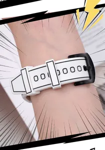 Close-up of 2D comic style white silicone watch band with black outlines on wrist