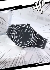 Detail view of cartoon style watch with octagonal case and date display feature