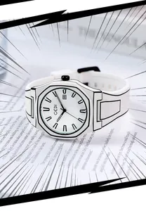 Detailed close-up of 2D comic style quartz watch with black outline and white silicone strap