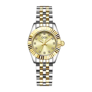 Elegante Damenarmbanduhr aus Stahl in Bicolor mit goldenem Zifferblatt und Schmucksteinen