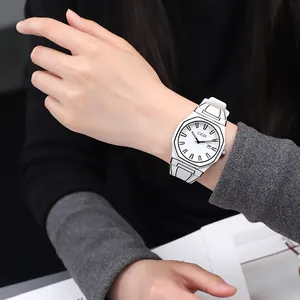 Minimalist 2D cartoon style white silicone quartz watch with octagonal case on wrist