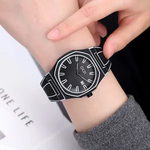 Minimalist black quartz watch with white 2D comic style lines and date display