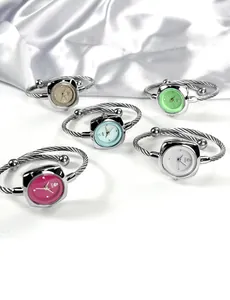 Detail view of five Gedi twisted steel cable bracelet watches with colorful square dials