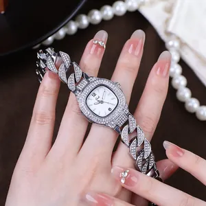 Luxury Rhinestone Women Quartz Watch Fashion Cuban Link Chain Bracelet Watch Waterproof Elegant Lady Wristwatch Gedi