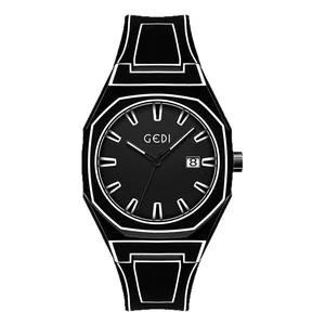 Minimalist GEDI quartz watch with 2D cartoon style black silicone band and date display