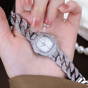 Luxury silver-tone ladies watch with sparkling full diamond dial and Cuban link strap