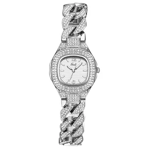 Luxury silver-tone women's quartz watch with full rhinestones and Cuban link band