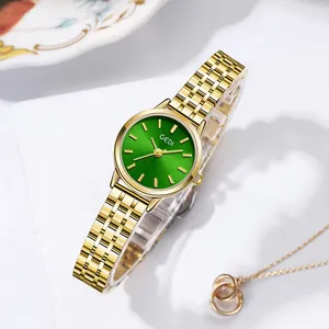 Elegant gold stainless steel watch with a vibrant green dial and minimalist markers