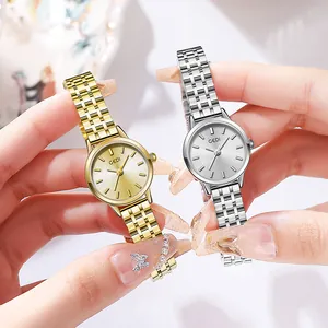 Minimalist women's quartz watch in gold and silver finishes with sleek steel link bands