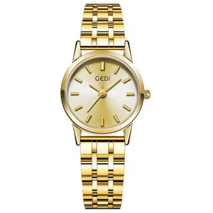 Elegant minimalist women's gold tone quartz watch with a stainless steel link bracelet