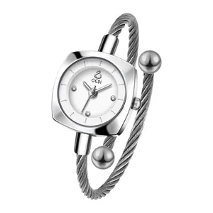 Elegant GEDI silver cable bracelet watch with a square white dial and swan logo