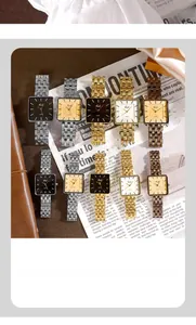 Détails de montres à quartz carrées avec bracelets en maille et finitions métalliques