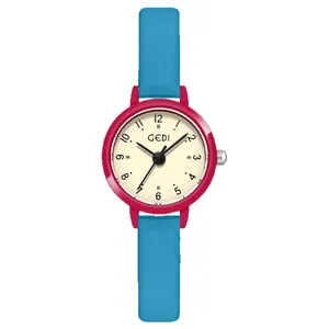 Montre à quartz GEDI rouge et bleue avec bracelet en cuir pour femme