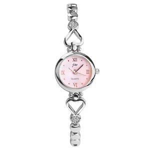 Elegant silver heart-link watch for women with pink dial and sparkling crystals