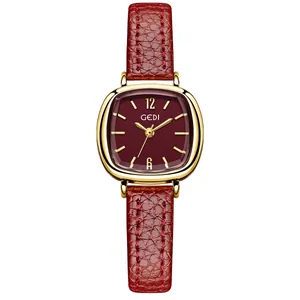 Montre GEDI élégante pour femme avec bracelet en cuir rouge et boîtier doré chic