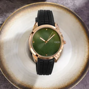 Minimalist quartz sports watch with rose gold case, green dial, and black silicone strap