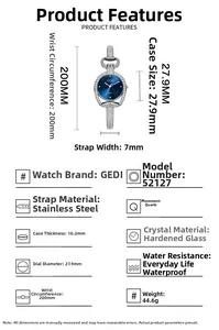 Detailed technical diagram of women's GEDI watch showing 27.9mm dial and case specs