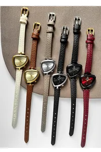 Detailed macro view of six diverse triangle dial watches with leather texture straps