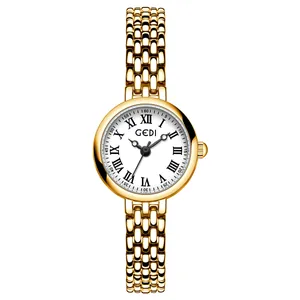Elegant gold stainless steel women's quartz watch with white Roman numeral dial