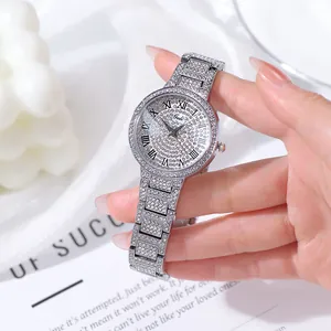 Detailed close-up of Gedi luxury women's silver watch with shimmering full diamond dial