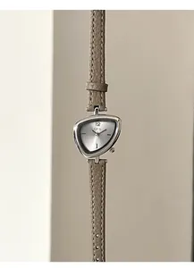 Detailed view of GEDI triangle watch with silver dial and taupe leather strap