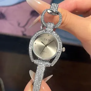 GEDI Luxury Full Rhinestone Ladies Quartz Watch Waterproof Alloy Strap Hollow Horseshoe Design Fashion Women Wristwatch