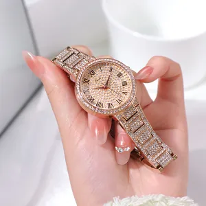Detailed macro view of Gedi luxury women's watch with rose gold rhinstones and Roman numerals