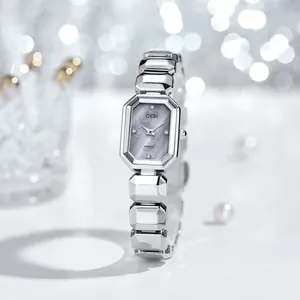 Montre à quartz argentée pour femme avec cadran octogonal en nacre grise