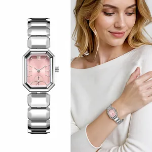 Montre quartz octogonale argentée pour femme avec cadran rose et bracelet bloc