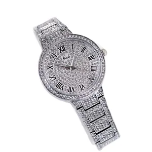 Elegant silver quartz watch for women featuring full rhinestone inlay and Roman numerals