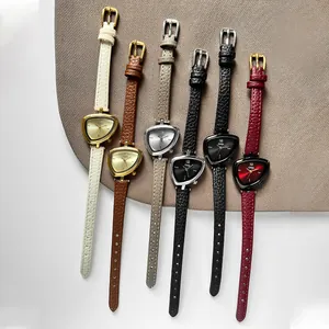 Chic women's minimalist quartz watch with unique triangle dial and leather strap