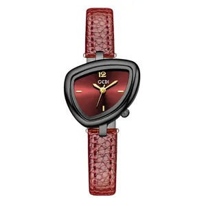 Chic irregular triangle women's quartz watch with red sunray dial and leather strap