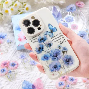 Chic floral phone case with blue butterfly design and aesthetic text for daily protection