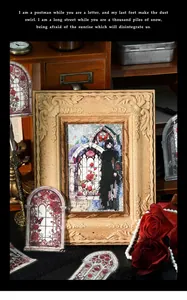 Detail of vintage gothic stickers featuring a lolita girl and red roses in a wooden frame