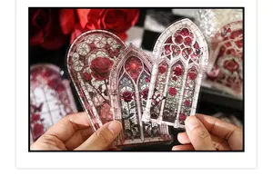 Detail of gothic rose stained glass PET stickers showing transparent material and print