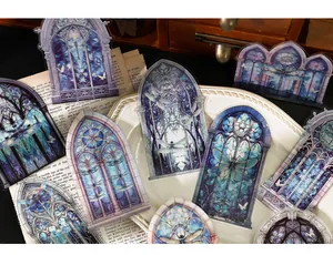 Detailed gothic stained glass PET stickers featuring dragonflies and floral window designs