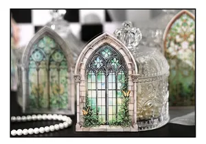 Detail of Gothic cathedral window stickers with butterflies and vines on PET material