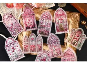Macro detail of vintage stained glass PET stickers with pink tulips on a retro background