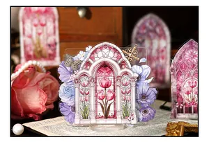 Gothic stained glass arch window PET sticker with pink tulip and floral design
