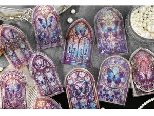 Detailed PET stickers featuring vintage gothic butterfly and stained glass window designs