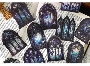 Gothic stained glass PET stickers featuring moon, star and butterfly motifs for scrapbooking