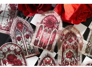 Gothic stained glass PET stickers with red roses and butterfly designs for scrapbooking